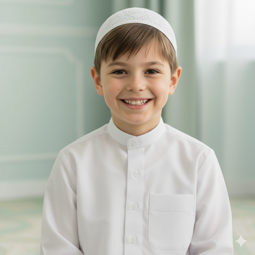 a muslim student of learn quran online accademy smilinf after looking to his quran teacher